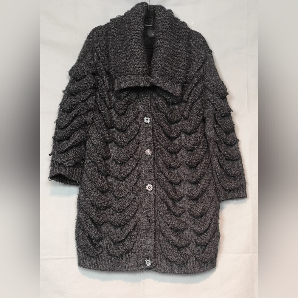 Pre-Loved Oversize Vintage Y2k Charcoal Grey 3D Chunky Cable Knit Cardigan Coat